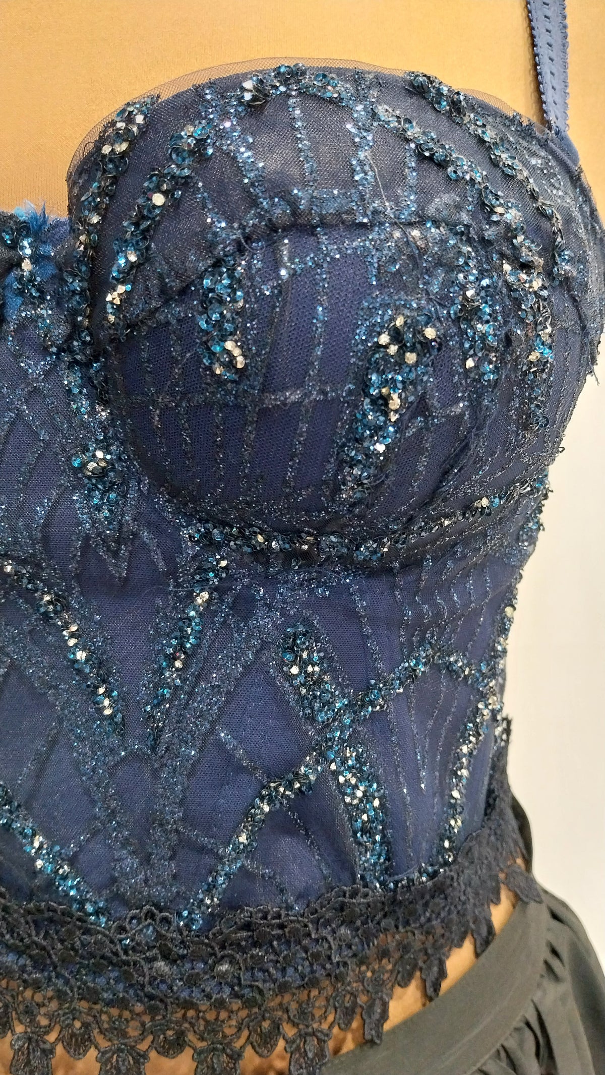 Top Bustier in Pizzo Blu Notte con Cristalli e Strass