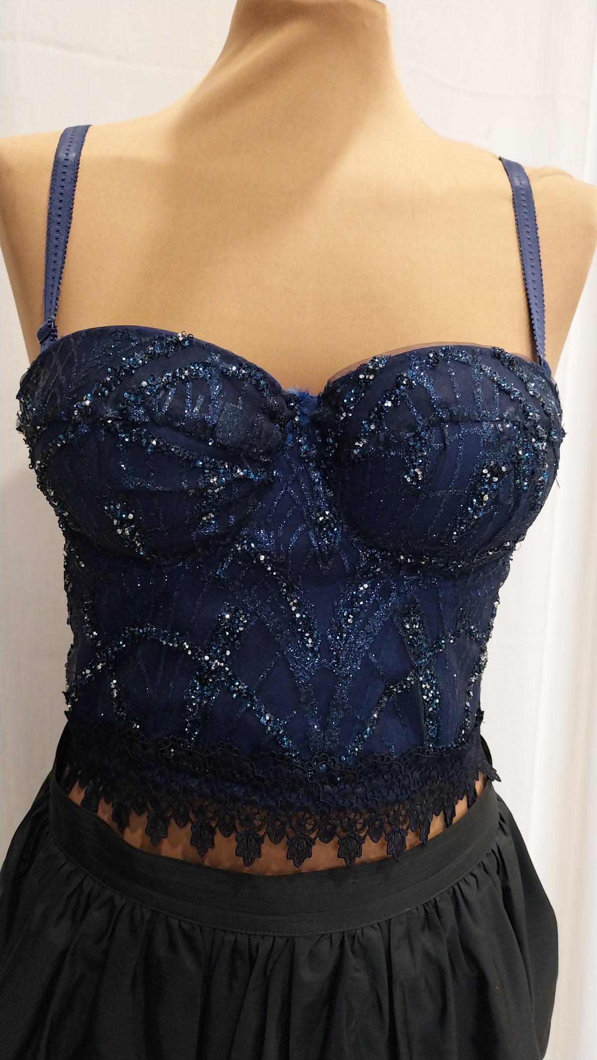Top Bustier in Pizzo Blu Notte con Cristalli e Strass