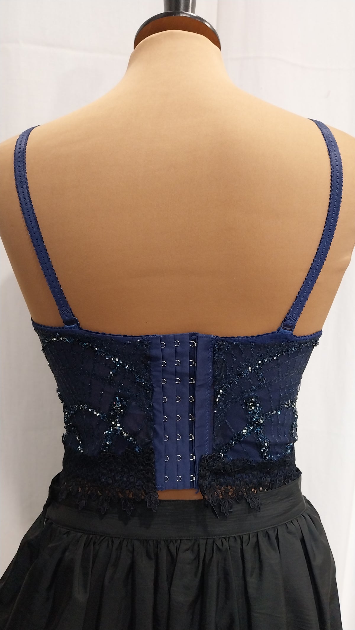 Top Bustier in Pizzo Blu Notte con Cristalli e Strass