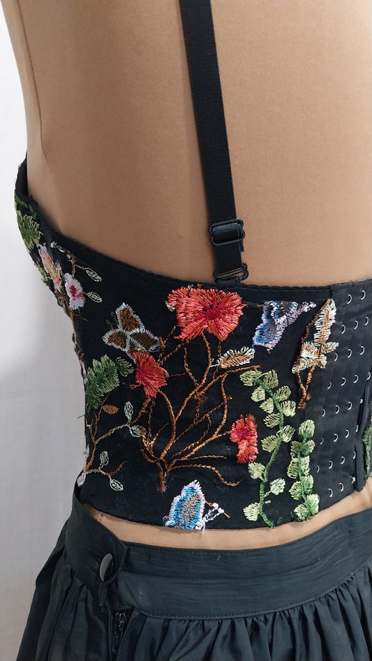 Top Bustier Nero con Ricami Floreali